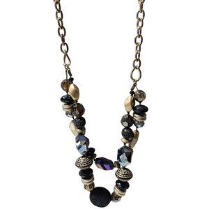 Chunky Beaded Statement Necklace Gold Tone Chain Black Purple Beads Jewelry